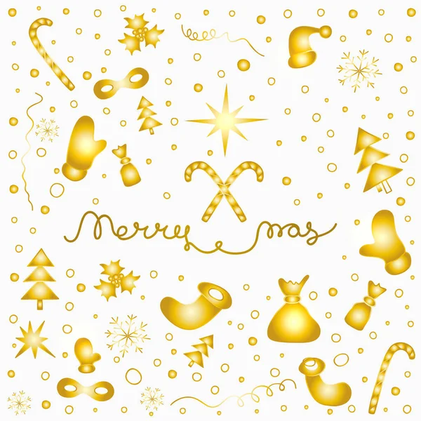 Golden Christmas Achtergrond Met Set Van Kerst Dingen Belettering Merry — Stockvector