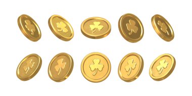 Altın sikke ve Shamrock. Üç boyutlu üç yapraklı altın sikke seti. Aziz Patrick Günü için elementler. Beyaz arka planda izole edilmiş. Gerçekçi 3D canlandırma