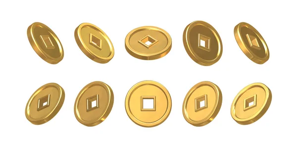 アジア金貨 穴のある現実的な黄金の中国のコインのセット 幸運の象徴 東洋の新年のデザインのための装飾要素 白い背景に隔離されてる 3Dレンダリング — ストック写真