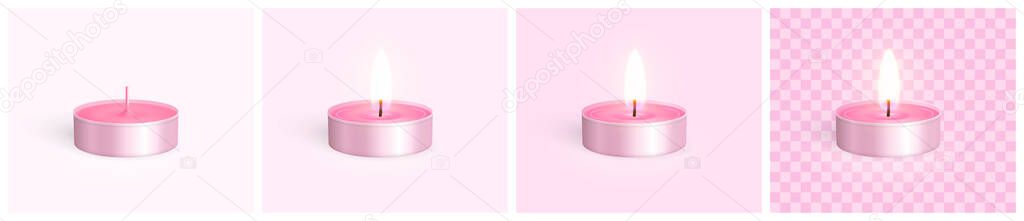 Romantic pink tea light. Realistic rose scented candle in a metal case on pink backgrounds of different lightness and a transparent background. Template for holidays design. Realistic 3d vector object