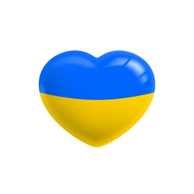 Ukrayna 'nın kalbi. Beyaz arka planda izole edilmiş Ukrayna bayrağı renginde 3D kalp ikonu. Kavram sembolü. 3d Vektör illüstrasyonu