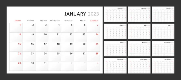 Wall Quarterly Calendar Template 2023 Classic Minimalist Style Week Starts — Stock Vector