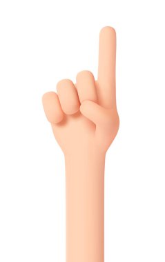 Gösterişli el hareketi. İşaret parmağı yukarı bakıyor. Bir fikrim var. Dikkati üzerine çek. Bir numara. El hareketi 3D karikatür arkadaş canlısı komik tarz beyaz arka planda izole. 3d vektör illüstrasyonu