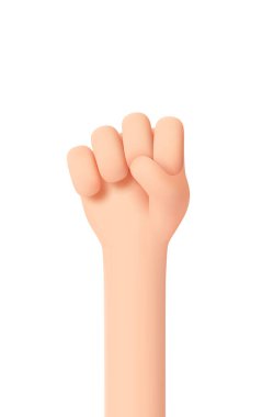 Yumruk hareketi. El bir yumruğa sıkıca sarılır ve yukarı doğru yönelir. Güç ve irade konsantrasyonu. Beyaz arka planda izole edilmiş üç boyutlu karikatür şeklinde el hareketi. 3d vektör illüstrasyonu