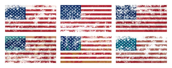 Σετ Αμερικάνικων Σημαιών Vintage Αμερικανική Σημαία Αντίκες Γδαρσίματα Επίπεδη Εικόνα — Διανυσματικό Αρχείο