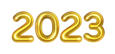 2023 yılbaşı kartı şablonu. Beyaz arka planda parlak altın 3D sayılar. Gerçekçi 3d vektör illüstrasyonu