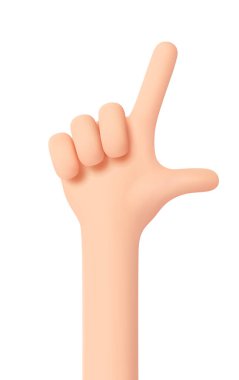 Parmaklarımla sayıyorum. İki numaralı el hareketi. Başparmak ve işaret parmağı çözüldü ve kaldırıldı. Gösterişli bir jest. Üç boyutlu karikatür arkadaş canlısı komik tarzı. Beyazda izolasyon. 3d vektör illüstrasyonu