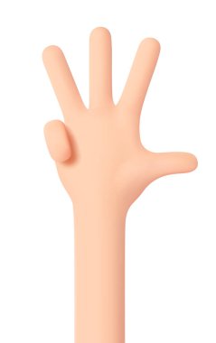 Parmakları sayıyorum. Dört numaralı el hareketi. Başparmak, işaret parmağı, orta ve yüzük parmakları çözülmüş ve kaldırılmış. El beyazda yalıtılmış. Üç boyutlu karikatür arkadaş canlısı komik tarzı. 3d vektör illüstrasyonu