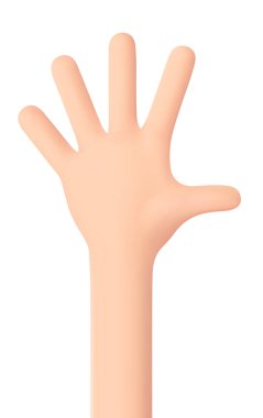 Merhaba, el hareketi. Avuç içi boşluğu. Parmakları sayıyorum. Beş numara. Tüm parmaklar çözüldü ve kaldırıldı. El beyazda yalıtılmış. Üç boyutlu karikatür arkadaş canlısı komik tarzı. 3d vektör illüstrasyonu