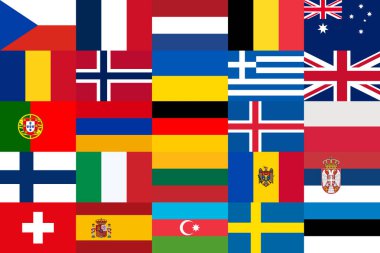 Solid background of the flags of the 25 countries participating in the european song contest in 2022. Flag icons. Vector illustration