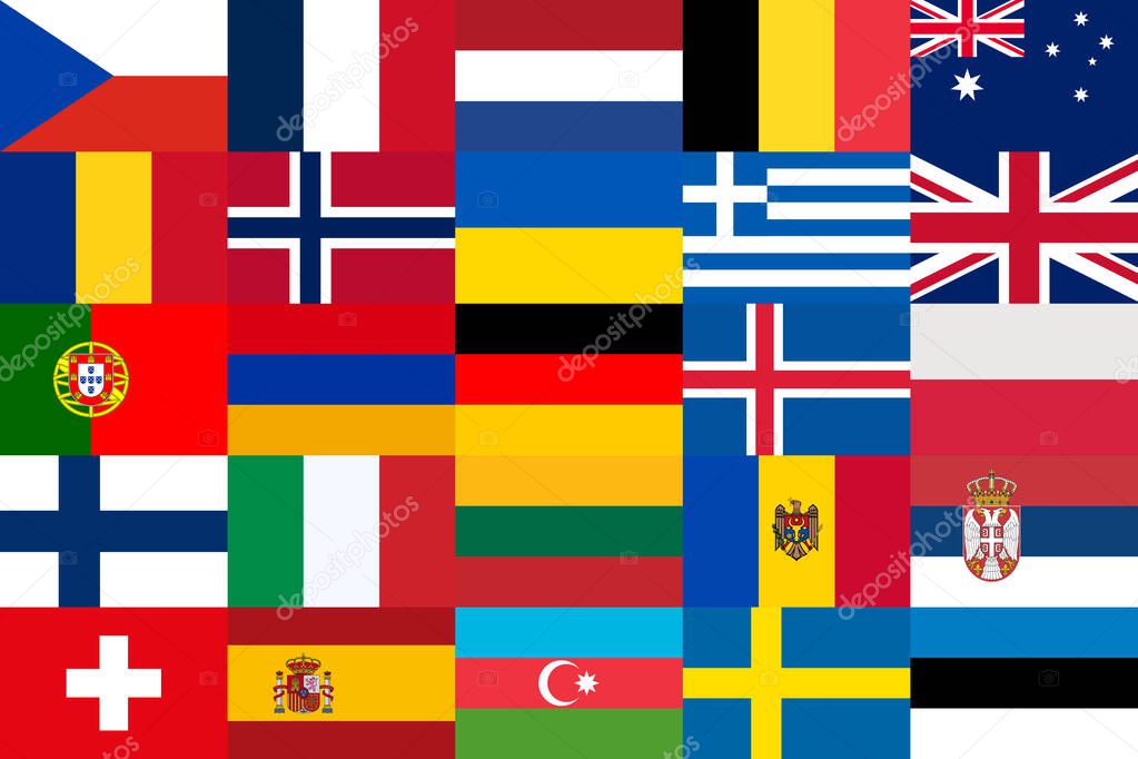 Solid background of the flags of the 25 countries participating in the european song contest in 2022. Flag icons. Vector illustration