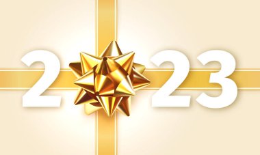 2023 Hediye Kutusu Dekorasyonu. Altın kurdele hediye yayı ve 2023 numaralı tebrik kartı ile mutlu yıllar. Yeni Yıl Kutlama Tasarımı. Altın Yay Gerçekçi 3D Vektör İllüstrasyonu