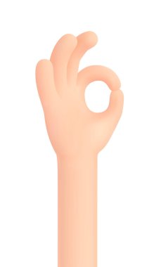Tamam, el hareketi onaylama, kabullenme, rıza, iyi durumda, beyaz arka planda izole edilmiş. Tamam, güzel, her şey yolunda. Üç boyutlu komik çizgi film tarzı. 3d vektör illüstrasyonu