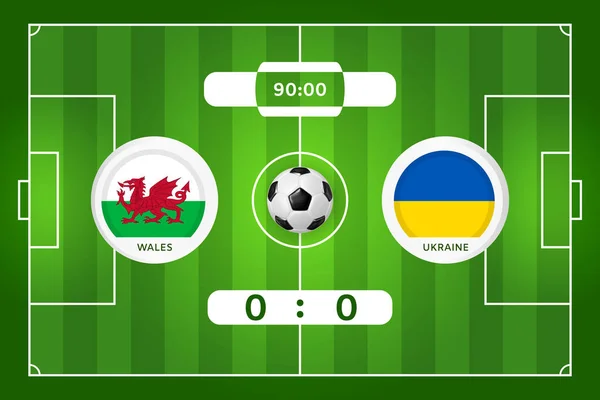 Galles Ucraina Partita Calcio Bandiera Infografica Con Testo Segnare Gol — Vettoriale Stock