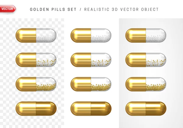 Gold Pills Set Capsule Gold Transparent Part White Gold Granules — Stock Vector