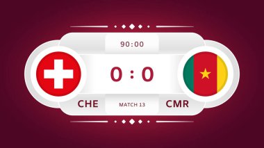 İsviçre Kamerun Karşılaşması. Futbol 2022. Dünya Futbol Şampiyonası Bilgi Yarışması. Grup aşaması. G Grubu Poster, Duyuru, Oyun Puanı. Puan Tablosu Şablonu. Vektör İllüstrasyonu