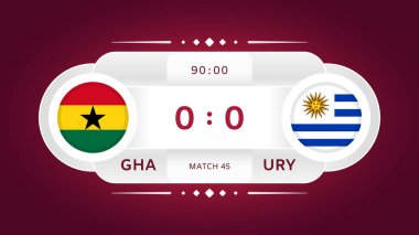 Gana, Uruguay maçına karşı. Futbol 2022. Dünya Futbol Şampiyonası Bilgi Yarışması. Grup aşaması. Grup H. Poster, Duyuru, Oyun Puanı. Puan Tablosu Şablonu. Vektör İllüstrasyonu