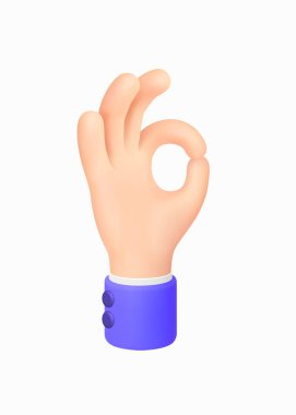 Ok Sign. Okey - Hand Gesture. 3d Cartoon Character Hand in a blue jacket with a white shirt. Icon for Apps, Web, T-shirts, Advertising, Posters etc. isolated on white. 3D Render Vector Illustration
