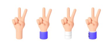 Sign of victory or peace. Gesture V. Set of 3d Cartoon Character Hand with different sleeves. Icon for Applications, Web, T-shirts, Advertising, Posters etc. isolated on white. Vector illustration