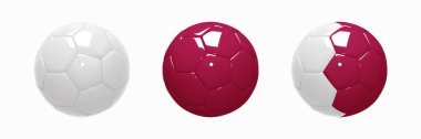 Set of Soccer ball. Football balls glossy figurines realistic 3d design style. White, Maroon and styled after the flag of Qatar. Mockup of sports elements isolated on white. 3d vector illustration