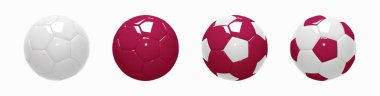Set of soccer balls in classic shape. Football balls glossy figurines realistic 3d design style. White, maroon and combination. Mockup of sports elements isolated on white. 3d vector illustration