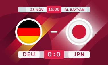 Germany vs Japan Match Design Element. Football Championship Competition Infographics. Announcement, Game Score, Scoreboard Template. Vector Illustration