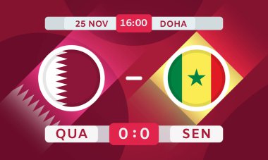 Qatar Vs Senegal Match Design Element. Football Championship Competition Infographics. Announcement, Game Score, Scoreboard Template. Vector Illustration