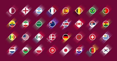 Flags of all countries participating in the final part of the football competition. Icon set. Football 2022. Soccer Cup infographic. Icons isolated on maroon background. Vector illustration
