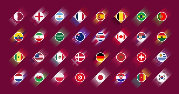 Flags of all countries participating in the final part of the football competition. Icon set. Football 2022. Soccer Cup infographic. Icons isolated on maroon background. Vector illustration