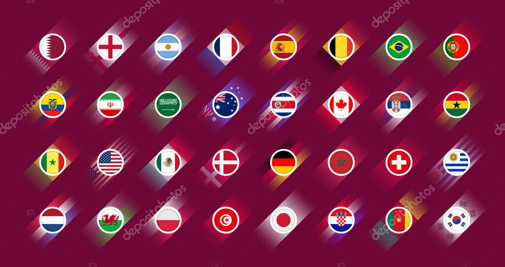 Flags of all countries participating in the final part of the football competition. Icon set. Football 2022. Soccer Cup infographic. Icons isolated on maroon background. Vector illustration