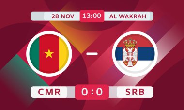 Kamerun Sırbistan 'a Karşı Tasarım Elementi. Futbol Şampiyonası Bilgi Yarışması 'nda. Duyuru, Maç Puanı, Skor Tablosu. Vektör İllüstrasyonu
