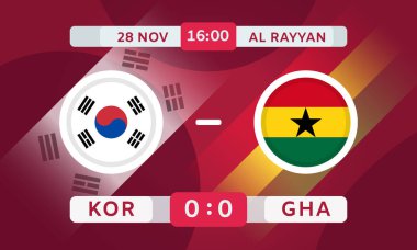 Güney Kore, Gana Maç Tasarım Elemanı 'na karşı. Futbol Şampiyonası Bilgi Yarışması 'nda. Duyuru, Maç Puanı, Skor Tablosu. Vektör İllüstrasyonu