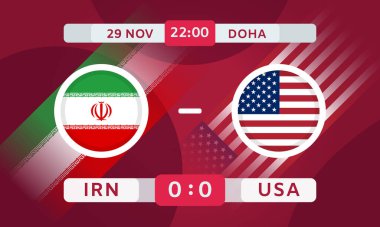 İran, ABD Karşılaştırma Tasarım Elemanı 'na karşı. Futbol Şampiyonası Bilgi Yarışması 'nda. Duyuru, Maç Puanı, Skor Tablosu. Vektör İllüstrasyonu