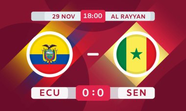 Ekvador, Senegal Maç Tasarım Elemanına Karşı. Futbol Şampiyonası Bilgi Yarışması 'nda. Duyuru, Maç Puanı, Skor Tablosu. Vektör İllüstrasyonu