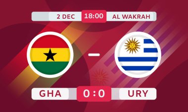 Gana, Uruguay Eşleştirme Tasarım Elemanı 'na karşı. Futbol müsabakası bilgileri. Duyuru, Maç Puanı, Skor Tablosu. Vektör İllüstrasyonu
