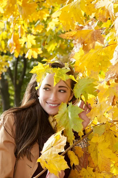 Vrouw ziet er door middel van gele bladeren — Stockfoto
