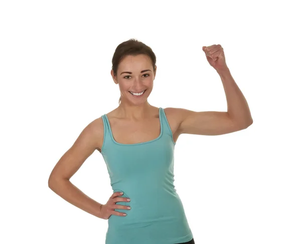 Jovem mulher mostrando seus músculos — Fotografia de Stock