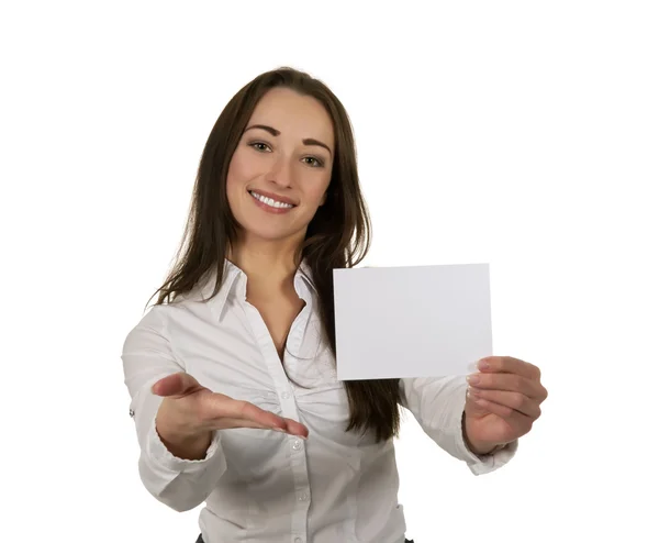 Business woman with visiting card — Stock Photo, Image