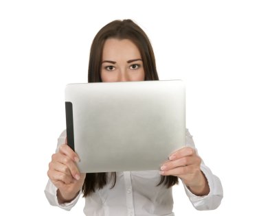 iş kadını dijital tablet saklanıyor