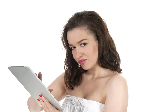 Kobieta dotykania komputera typu tablet — Zdjęcie stockowe