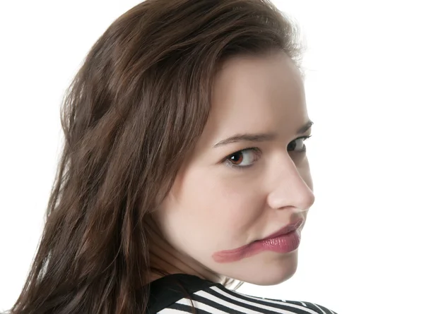Junge Frau mit verschmiertem Lippenstift — Stockfoto