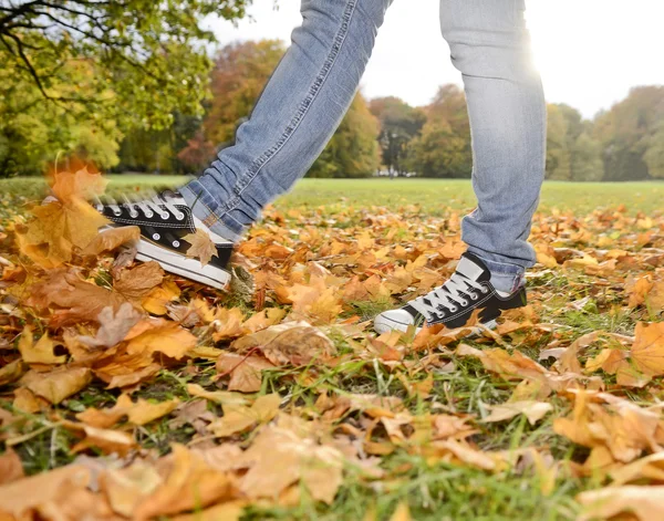 Gambe che giocano con foglie — Foto Stock