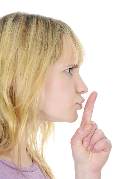 Mulher gesticulando silêncio — Fotografia de Stock