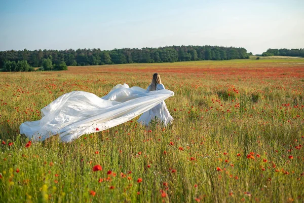 Young Woman Foil Poppy Field Rear View — Foto Stock