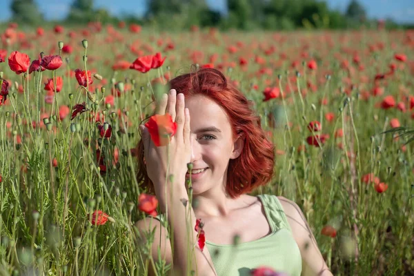 Happy Young Girl Red Hairs Poppy Field — Stock Photo, Image