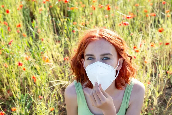 Frustrated Young Girl Protective Mask Poppy Field — Stock Photo, Image