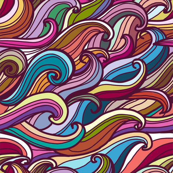 Colorful seamless abstract hand-drawn pattern, waves background