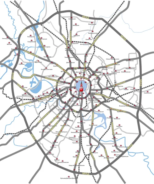 Map of Moscow main roads and subway station — Stock Vector