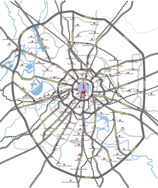 Moscow roads and subway stations map — Stock Vector