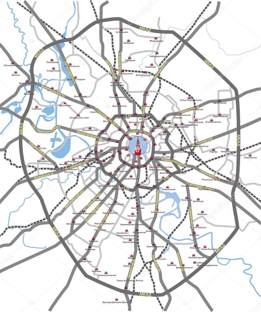 Map of Moscow main roads and subway station